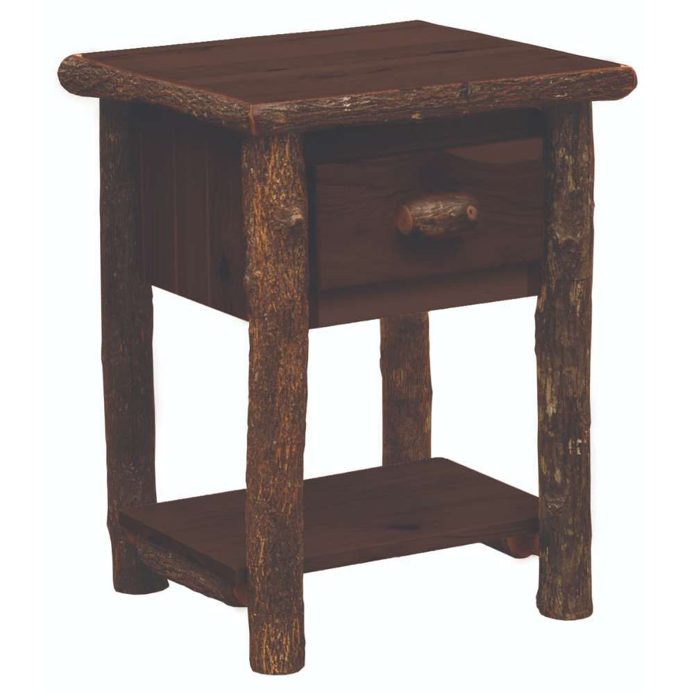 Espresso Fireside Lodge Log One Drawer Nightstand with Shelf is shown in a dark finish with log posts, a single drawer, and an open shelf