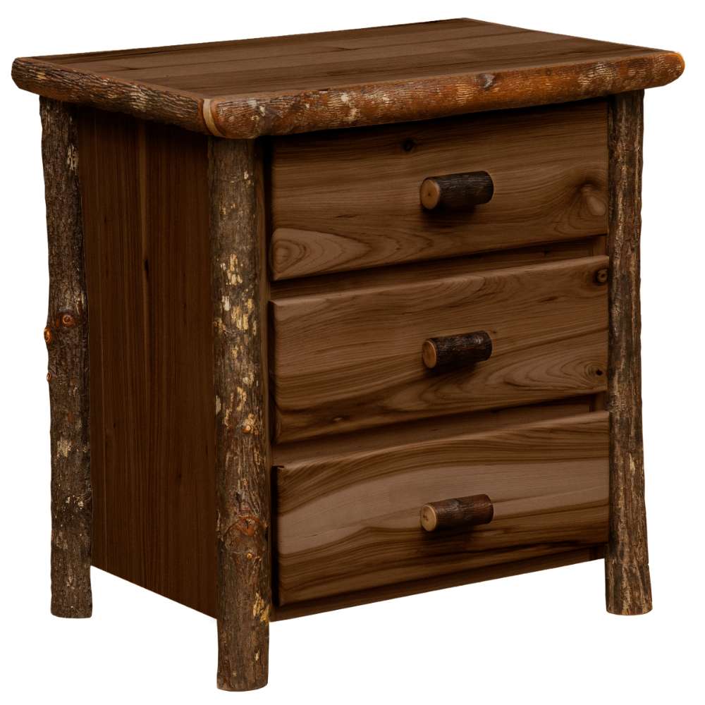 Espresso Fireside Lodge Log XL Three Drawer Nightstand is a dark-stained nightstand with three drawers, log posts, and a wide wooden top