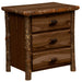 Espresso Fireside Lodge Log XL Three Drawer Nightstand is a dark-stained nightstand with three drawers, log posts, and a wide wooden top
