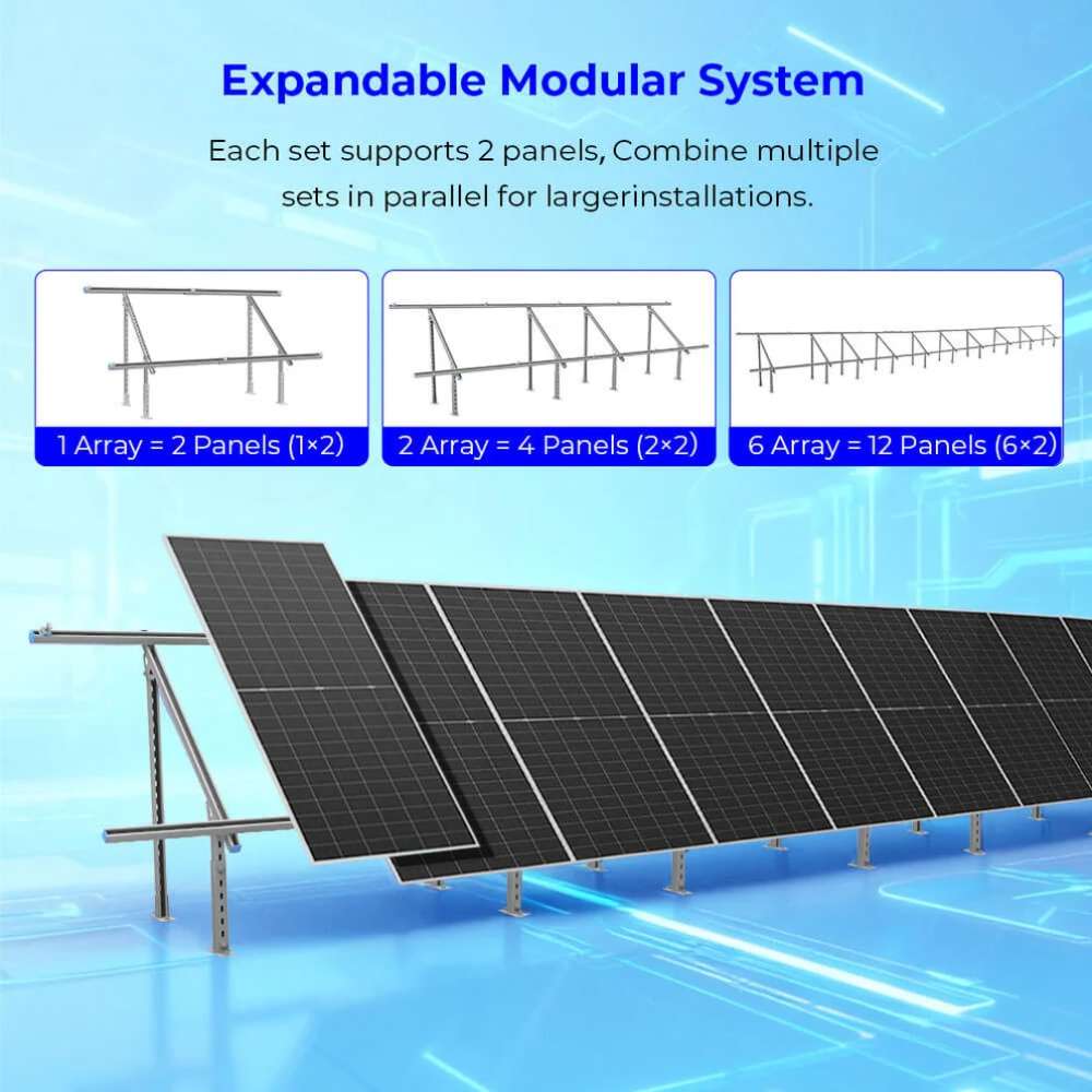 Expandable Sun Gold Power Modular & Expandable Ground Mount Brackets system supporting 2 to 12 solar panels with linked arrays