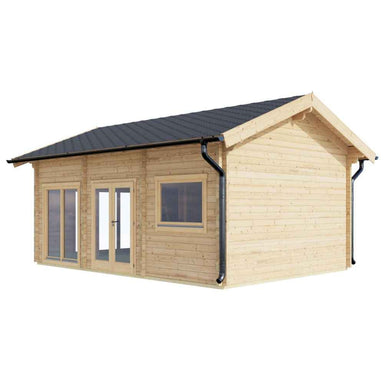 Exterior angle of the GardenHouse24 USA Britt 44 Garden Room shows the side and back windows, gutters, and pitched roof against a white background