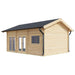 Exterior angle of the GardenHouse24 USA Britt 44 Garden Room shows the side and back windows, gutters, and pitched roof against a white background