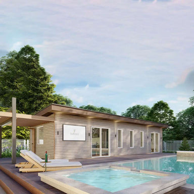 Exterior of Sawmill Structures The Banff Garden Suites displays a modern single-level unit with large windows, surrounded by greenery and a pool deck