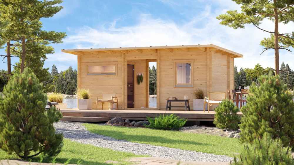 Exterior view of the GardenHouse24 USA Urho 70 A Garden Room, with light wood siding and minimalist outdoor furniture in a lakeside setting