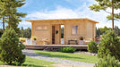 Exterior view of the GardenHouse24 USA Urho 70 A Garden Room, with light wood siding and minimalist outdoor furniture in a lakeside setting