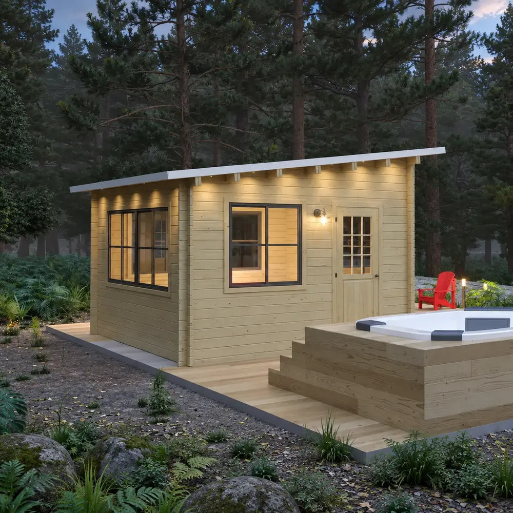 Eze-Breeze Sunroom Cabin in a forest clearing with pale wood walls, large black-framed windows, a glazed door, raised hot tub, steps, and a red Adirondack chair.