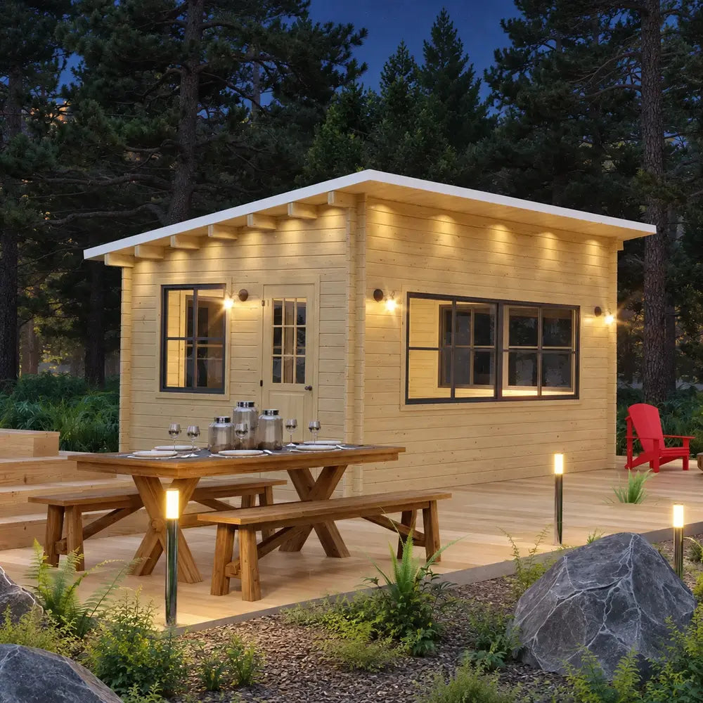 Warmly illuminated Eze-Breeze Sunroom Cabin at night with black-framed windows, a glazed door, fully set picnic table, pathway lights, and a red Adirondack chair.