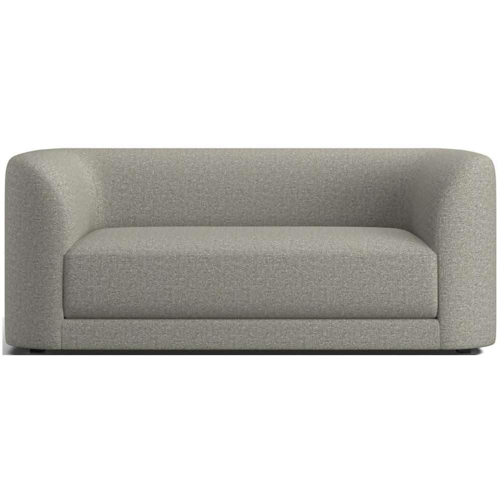 Fabric Ash (Nordic Textured Weave) Crate & Barrel Contour Sofa with ash gray textured upholstery, rounded arms, a deep seat cushion, and a sleek modern silhouette