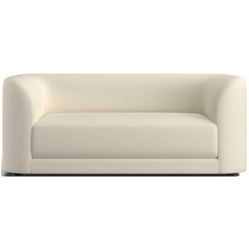 Fabric Bisque (Douglas Microfiber) Crate & Barrel Contour Sofa upholstered in smooth bisque microfiber with rounded sides, a wide seat, and a minimalist modern look