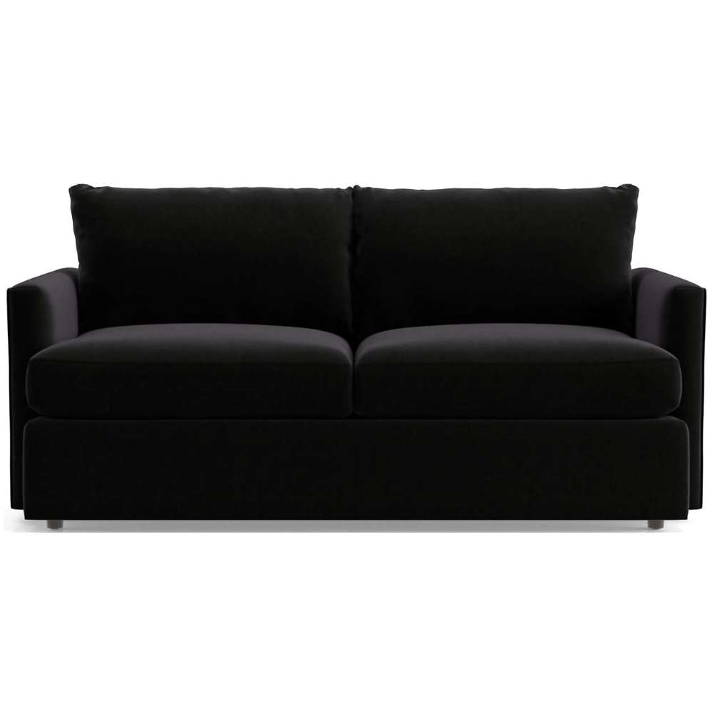 Fabric Black (View Microfiber) Crate & Barrel Lounge Sofa with smooth black microfiber upholstery, deep cushions, straight track arms, and a modern silhouette