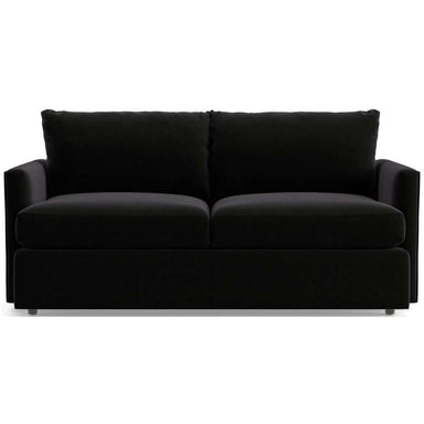 Fabric Black (View Microfiber) Crate & Barrel Lounge Sofa with smooth black microfiber upholstery, deep cushions, straight track arms, and a modern silhouette