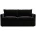 Fabric Black (View Microfiber) Crate & Barrel Lounge Sofa with smooth black microfiber upholstery, deep cushions, straight track arms, and a modern silhouette