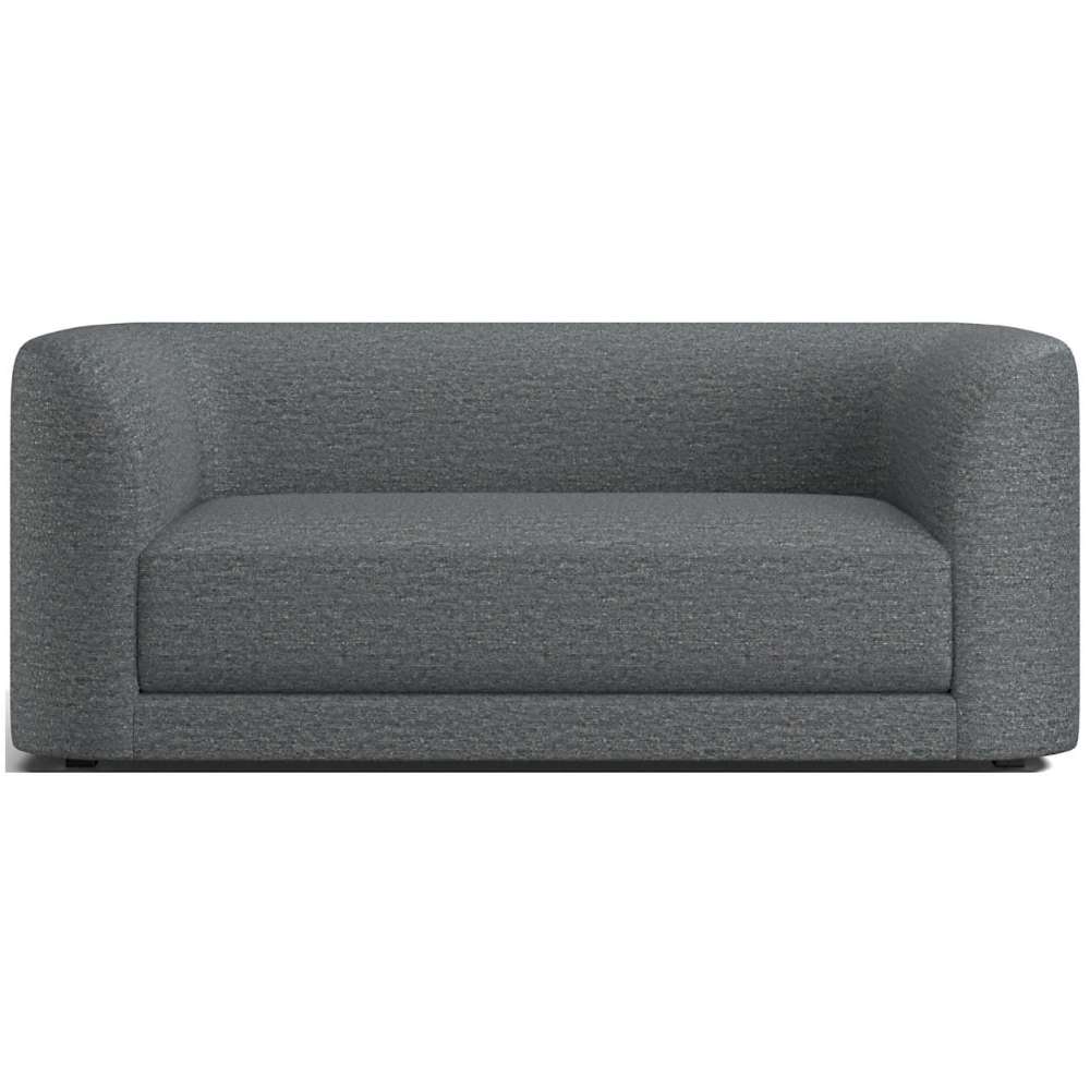 Fabric Blue (Motley Boucle) Crate & Barrel Contour Sofa in dark gray boucle fabric with curved arms, a thick seat cushion, and a low-profile silhouette