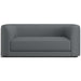 Fabric Blue (Motley Boucle) Crate & Barrel Contour Sofa in dark gray boucle fabric with curved arms, a thick seat cushion, and a low-profile silhouette
