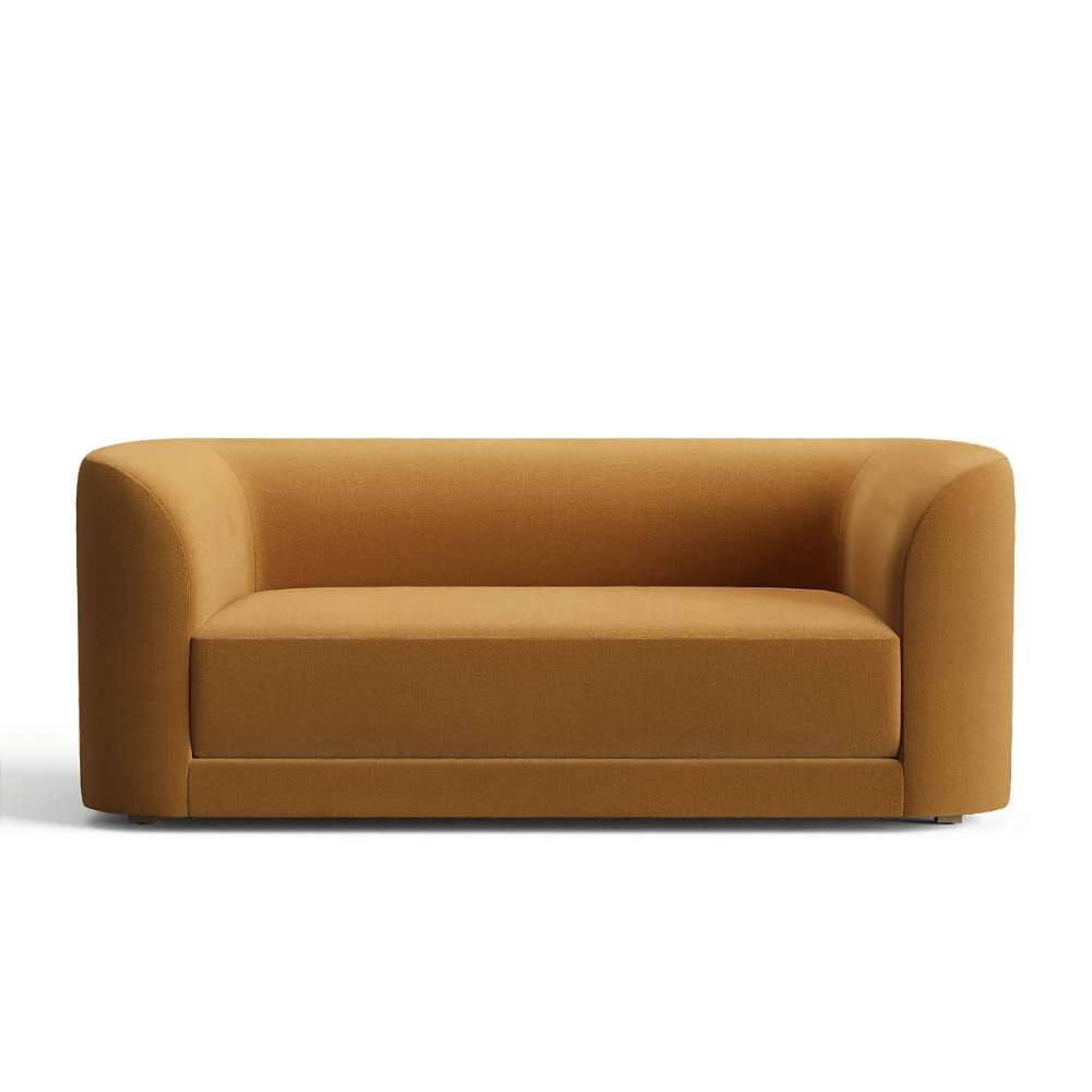 Fabric Bronze (Tesoro Velvet) Crate & Barrel Contour Sofa upholstered in warm bronze velvet with rounded arms, a spacious seat, and a modern design