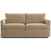 Fabric Camel (Mossa Chenille) Crate & Barrel Lounge Sofa with soft camel chenille upholstery, thick cushions, and clean-lined track arms