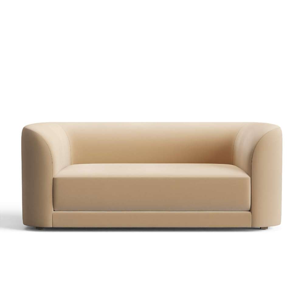 Fabric Camel (Tesoro Velvet) Crate & Barrel Contour Sofa featuring soft camel velvet upholstery, curved sides, and a wide cushioned seat