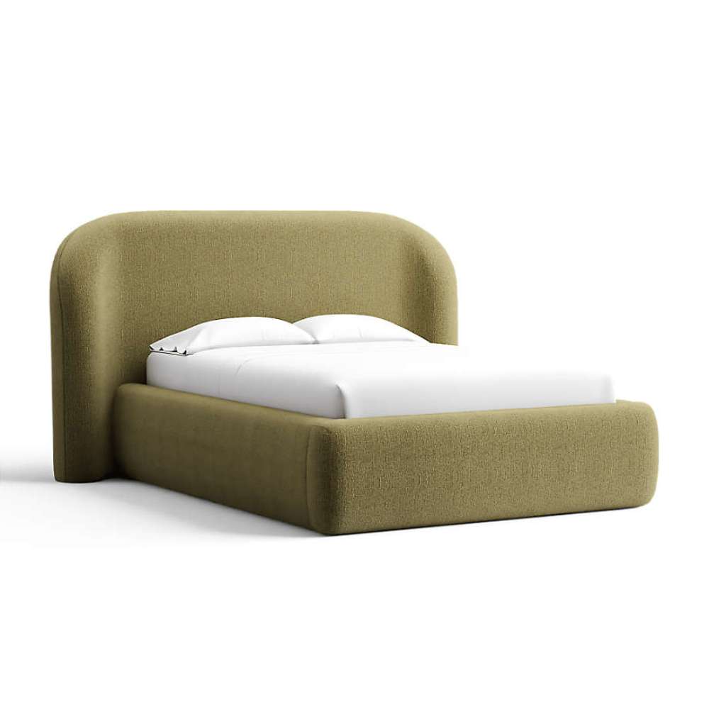 Fabric Capera (Monet Recycled Chenille) Crate & Barrel Adelaide Curved Upholstered Bed upholstered in soft capera green chenille with a rounded headboard and cozy frame
