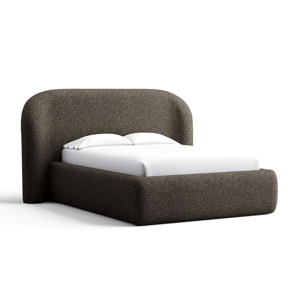 Fabric Carob (Serene Textured Weave) Crate & Barrel Adelaide Curved Upholstered Bed wrapped in dark carob textured fabric with a curved headboard and upholstered platform