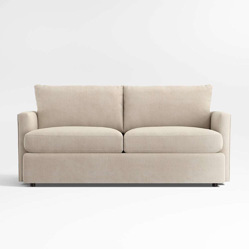 Fabric Chai (Mossa Chenille) Crate & Barrel Lounge Sofa with creamy chai chenille upholstery, deep seating, plush back cushions, and straight track arms