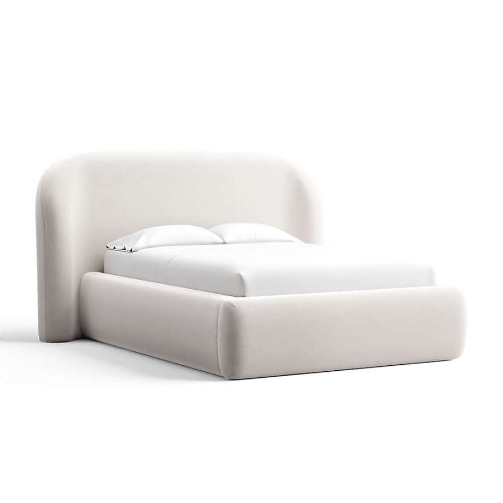 Fabric Champagne (Monet Recycled Chenille) Crate & Barrel Adelaide Curved Upholstered Bed in champagne chenille upholstery with a rounded headboard and soft padded frame