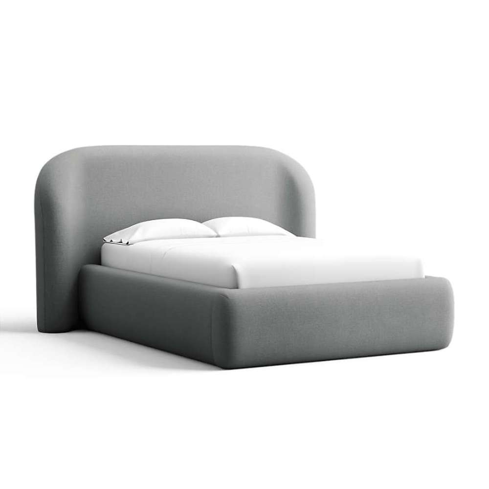 Fabric Charcoal (Linen Linen Weave) Crate & Barrel Adelaide Curved Upholstered Bed with charcoal gray linen upholstery, a rounded headboard, and a fully upholstered frame