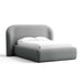 Fabric Charcoal (Linen Linen Weave) Crate & Barrel Adelaide Curved Upholstered Bed with charcoal gray linen upholstery, a rounded headboard, and a fully upholstered frame