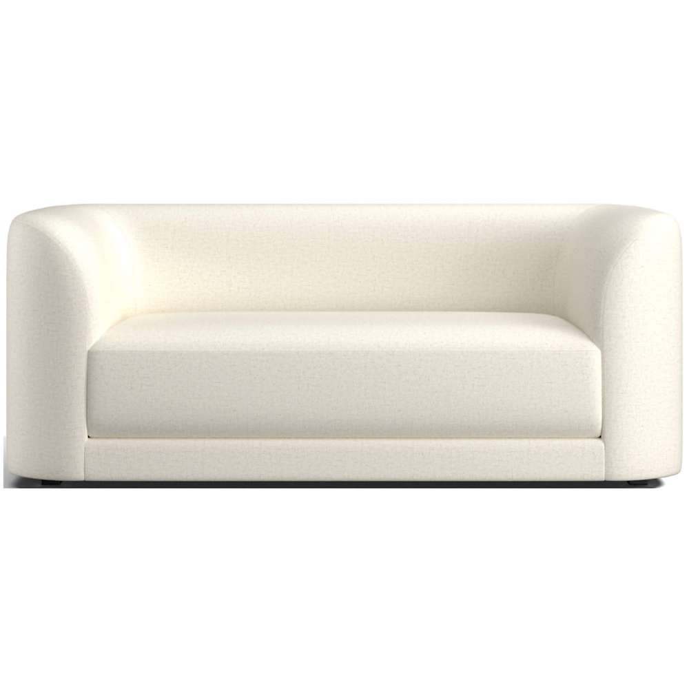 Fabric Cloud (Bliss Chenille) Crate & Barrel Contour Sofa in soft white chenille fabric with rounded arms, a deep seat, and a contemporary minimalist style