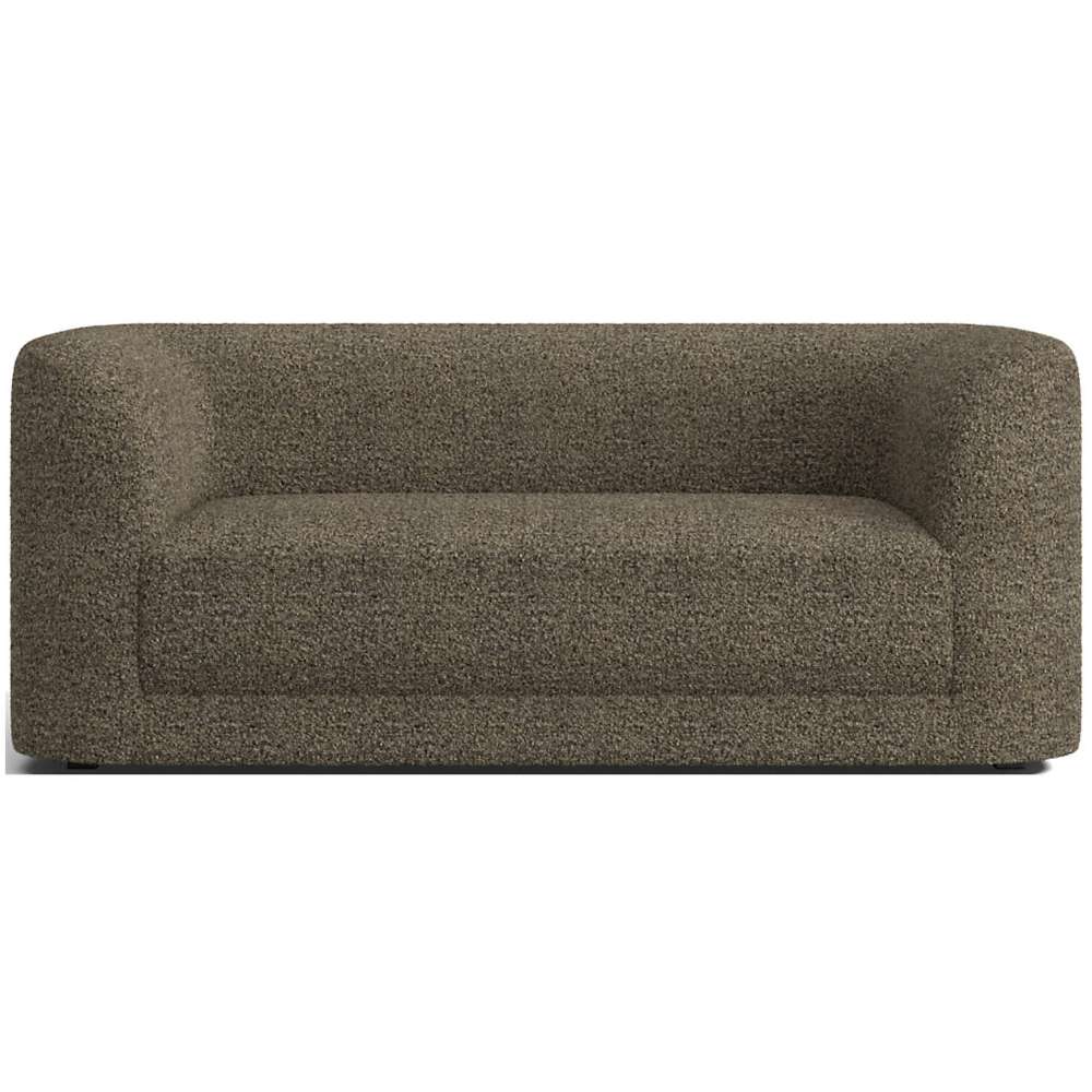 Fabric Cub (Riccio Recycled Textured Weave) Crate & Barrel Contour Sofa in textured brown woven fabric with curved arms, a wide seat, and a low-profile frame