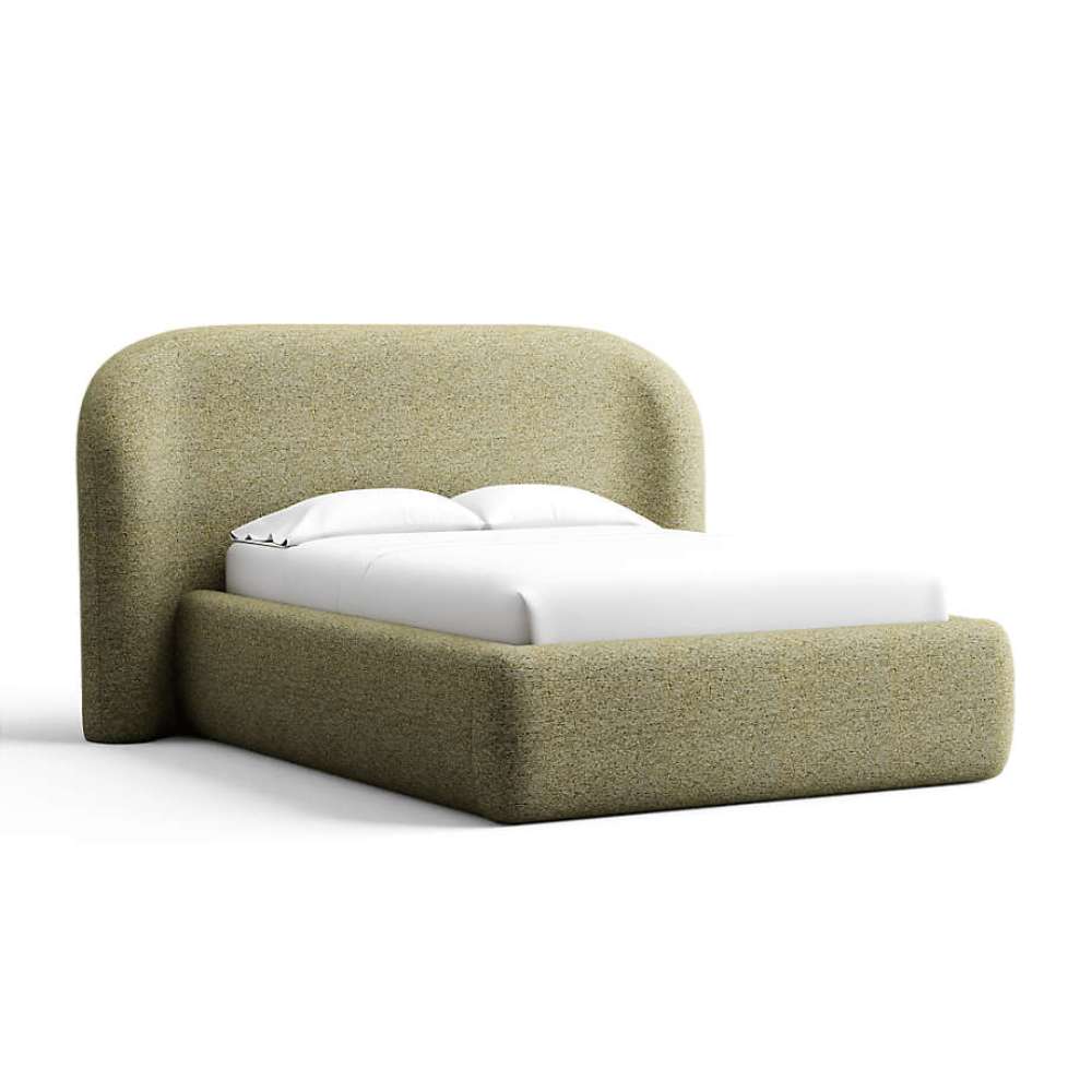 Fabric Fern (Serene Textured Weave) Crate & Barrel Adelaide Curved Upholstered Bed upholstered in textured fern green fabric with a rounded headboard and padded frame