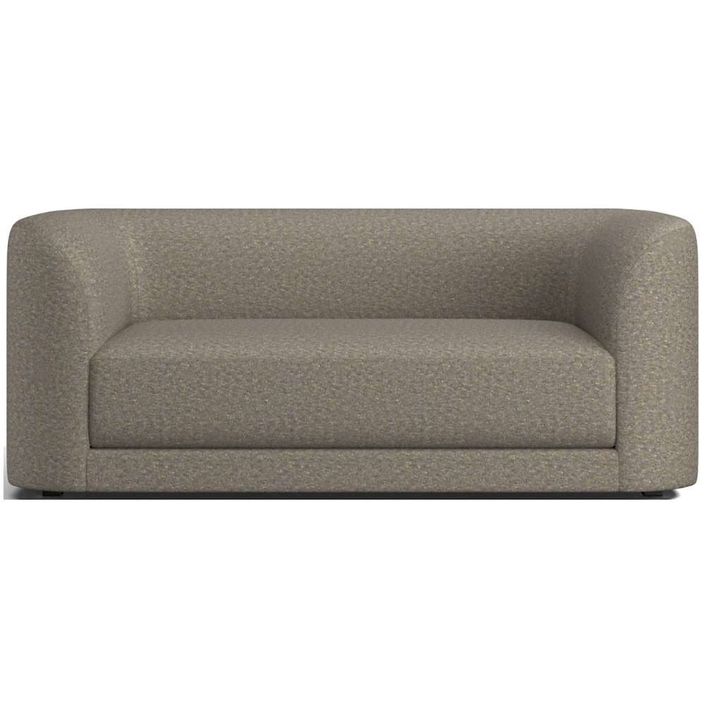 Fabric Field (Motley Boucle) Crate & Barrel Contour Sofa upholstered in light gray boucle fabric with rounded corners, a thick seat cushion, and a contemporary silhouette