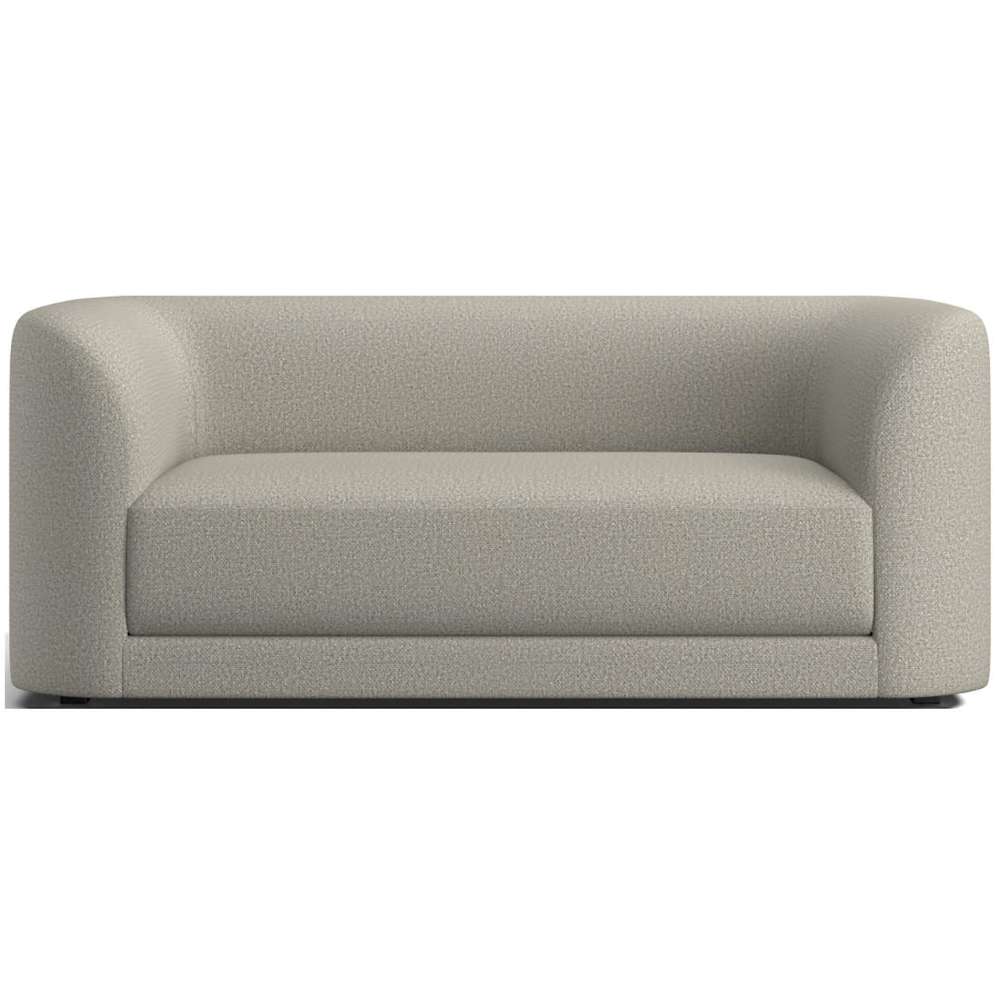 Fabric Fog (Nordic Textured Weave) Crate & Barrel Contour Sofa featuring fog gray textured upholstery, curved arms, and a clean modern design