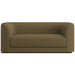 Fabric Forest (Lusso Boucle) Crate & Barrel Contour Sofa in olive green boucle fabric with soft rounded edges, a deep seat, and a sleek contemporary look