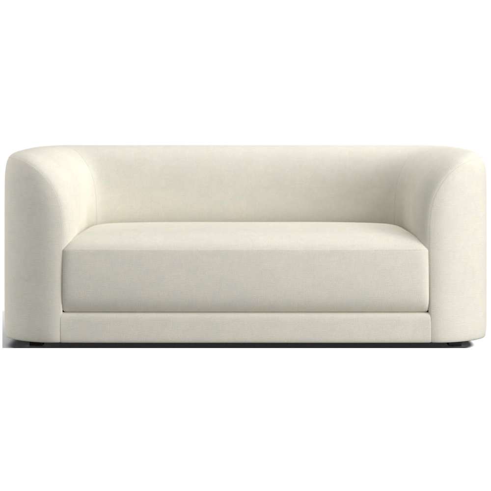 Fabric Frost (Monet Recycled Chenille) Crate & Barrel Contour Sofa upholstered in off-white chenille fabric with curved arms, a plush seat cushion, and a minimalist style