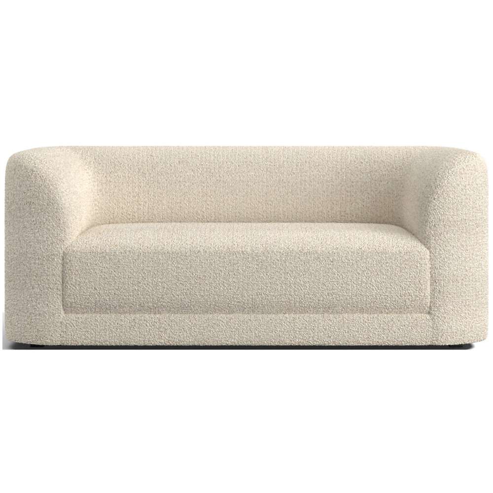 Fabric Ginger (Riccio Recycled Textured Weave) Crate & Barrel Contour Sofa upholstered in warm ivory textured fabric with rounded arms, a deep seat, and a modern curved silhouette