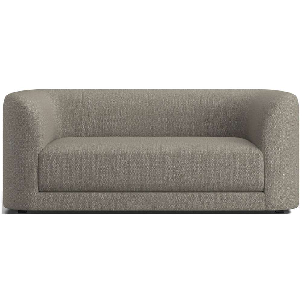 Fabric Heather (Taft Textured Weave) Crate & Barrel Contour Sofa featuring heather gray woven upholstery, curved sides, and a clean contemporary design