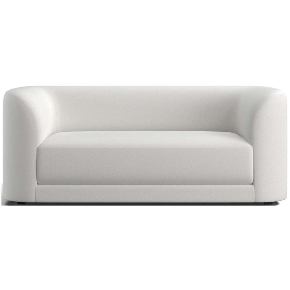 Fabric Ice (Shelly Microfiber) Crate & Barrel Contour Sofa upholstered in smooth white microfiber with curved edges, a thick seat cushion, and a sleek modern look