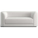 Fabric Ice (Shelly Microfiber) Crate & Barrel Contour Sofa upholstered in smooth white microfiber with curved edges, a thick seat cushion, and a sleek modern look