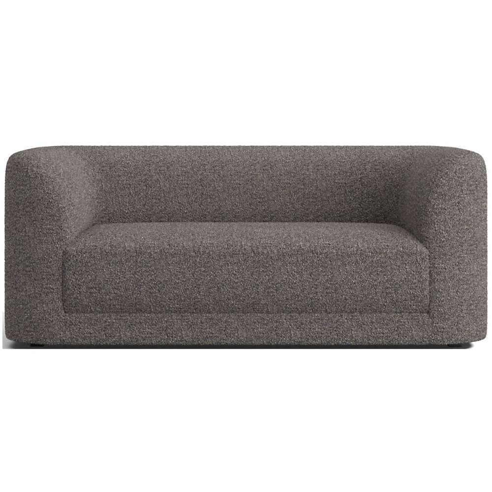 Fabric Ink (Riccio Recycled Textured Weave) Crate & Barrel Contour Sofa in dark gray textured woven fabric with rounded arms and a deep cushioned seat
