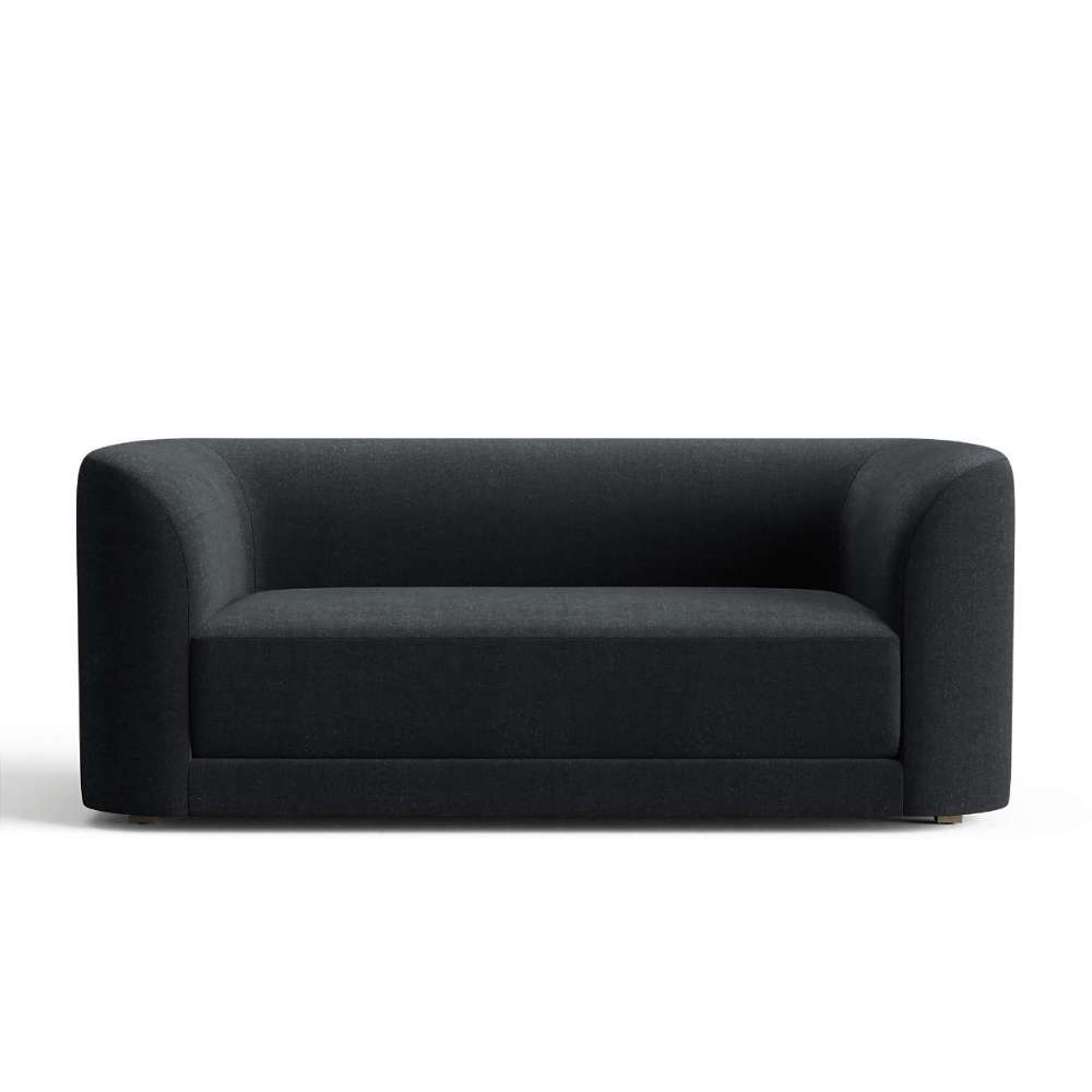Fabric Ink (Tesoro Velvet) Crate & Barrel Contour Sofa featuring rich black velvet upholstery, curved arms, and a low-profile contemporary silhouette