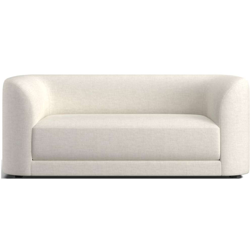 Fabric Ivory (Ascend Linen Weave) Crate & Barrel Contour Sofa upholstered in ivory linen weave fabric with rounded sides, a wide seat, and a modern design