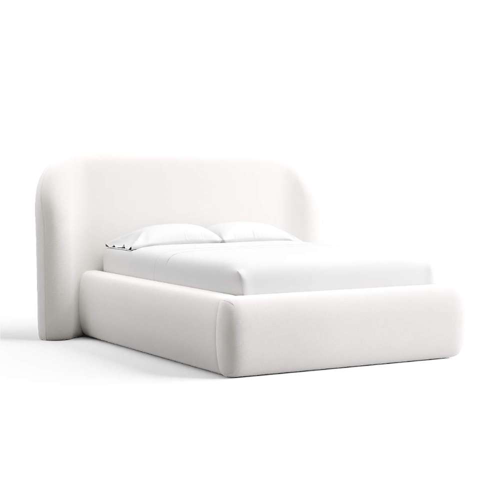Fabric Ivory (Serene Textured Weave) Crate & Barrel Adelaide Curved Upholstered Bed in ivory textured fabric with a curved headboard and a fully upholstered platform