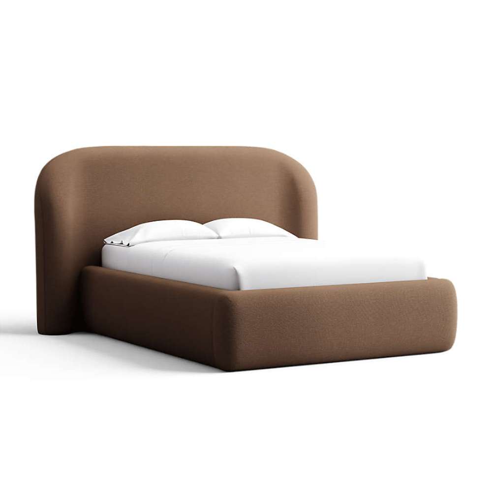 Fabric Mahogany (Icon Chenille) Crate & Barrel Adelaide Curved Upholstered Bed in rich mahogany chenille with a curved headboard and fully upholstered frame