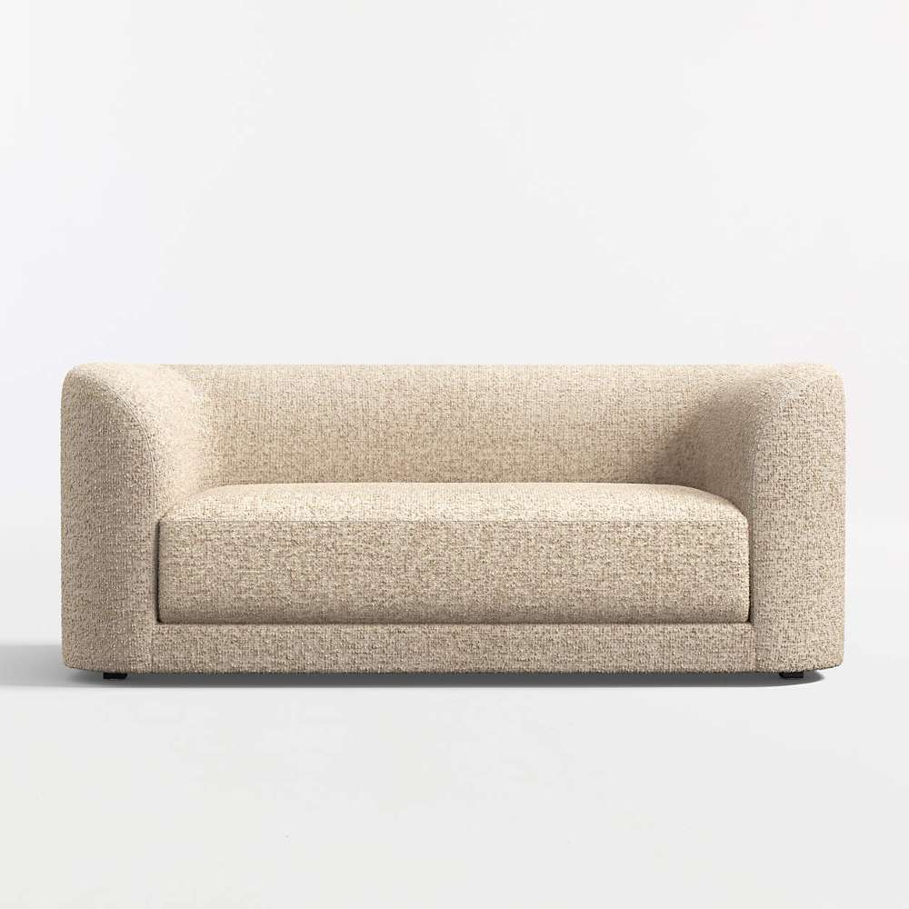 Fabric Oat (Riccio Recycled Textured Weave) Crate & Barrel Contour Sofa in oat-colored textured weave fabric with rounded arms, a wide seat cushion, and a minimalist profile