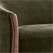 Fabric Olive (Como Velvet) Crate & Barrel Contour Sofa close-up showing the soft olive velvet seat and curved walnut wood arm detail