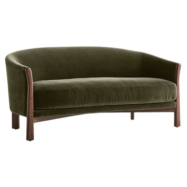 Fabric Olive (Como Velvet) Crate & Barrel Contour Sofa features olive green velvet upholstery, a curved back, and a walnut wood frame in a front angled view
