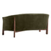 Fabric Olive (Como Velvet) Crate & Barrel Contour Sofa shown from the back, highlighting its curved olive velvet upholstery and exposed walnut wood frame