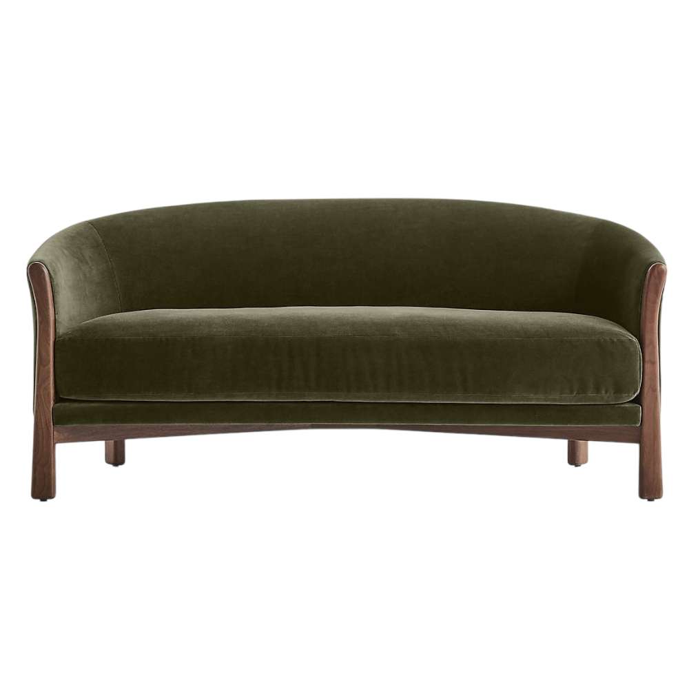Fabric Olive (Como Velvet) Crate & Barrel Contour Sofa shown from the front with a curved back, olive velvet upholstery, and walnut wood legs