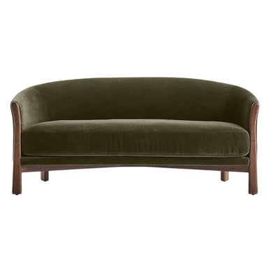 Fabric Olive (Como Velvet) Crate & Barrel Contour Sofa shown from the front with a curved back, olive velvet upholstery, and walnut wood legs