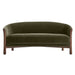 Fabric Olive (Como Velvet) Crate & Barrel Contour Sofa shown from the front with a curved back, olive velvet upholstery, and walnut wood legs